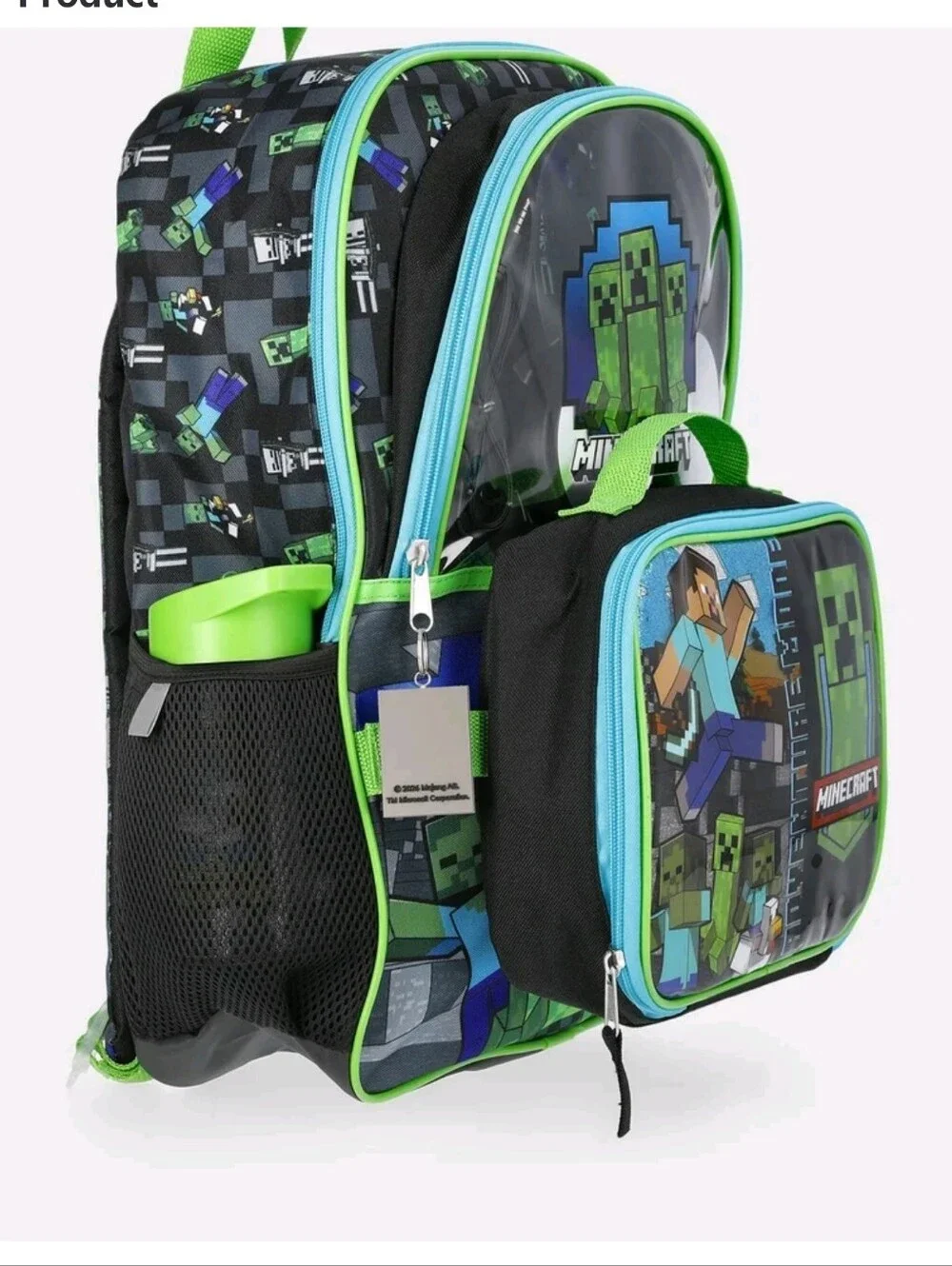 Minecraft Mode Green Backpack Set with Lunch kit, Headphones and Water Bottle